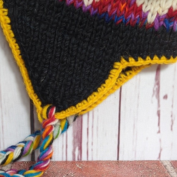 Colorful Knit Wool Chullo Peruvian Beanie Earflap Hat Made in Nepal Braided Ties main image 14